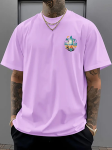 Men's Purple T-Shirt Short Sleeve O-Neck Digital Print Beach Surf Design Regular Fit 100% Cotton Jersey Breathable Casual Style - Product Image 6