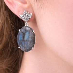 Boucles d'oreilles pendantes ovales en pierre de Labradorite naturelle, en argent sterling 925, faites à la main, bijoux en pierres semi-précieuses pour femme, pour mariage et soirée - Product Image 1