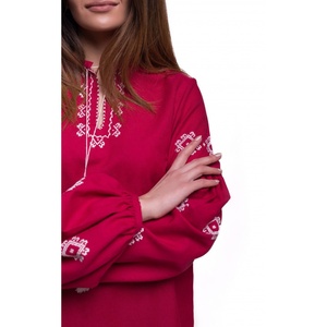 2024 femmes élégant bordeaux blanc brodé robe tunique haut à manches longues tissé col rond Floral naturel taille fermeture éclair - Product Image 5