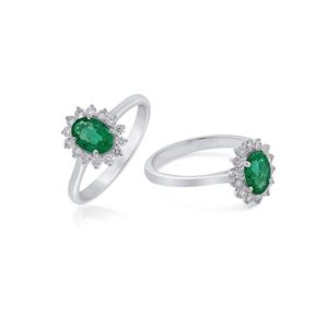 925 Sterling <b>Silver</b> Rhodium Plated <b>Emerald</b> <b>Ring</b> Cubic Zirconia Oval Gemstone Halo Engagement Wedding Anniversary Gift Jewelry - Product Image 3