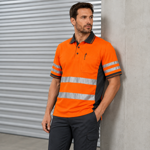Unisex Orange Hi Vis Reflective <b>Waterproof</b> Plus Size <b>Work</b> Polo Shirt Short Sleeve Cotton Uniform Chest Pocket Safety Stripes - Product Image 5