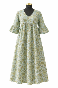 Vestido Largo con Estampado Floral y Cuello en V para Mujer, con Bolsillos Laterales, Mangas Largas, Tela de Algodón Hecha a Mano, Acabado de Alta Calidad, Obra Maestra - Product Image 5