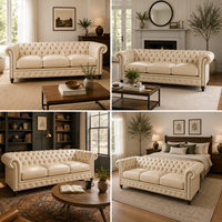 Canapé Chesterfield 3 places en cuir véritable, capitonné, avec pieds en bois et rembourrage en mousse, style moderne classique et Mid-century, Villa Warehouse