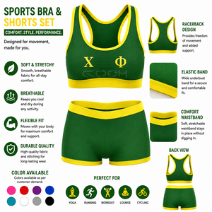 ชุดโยคะ 2 ชิ้น ปักลายสีเขียวเหลือง ของ Cosh International Sisterhood Sorority เสื้อครอปแบบ Racerback กางเกงขาสั้นเอวสูง ตัดสี - Product Image 6