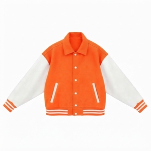 Veste universitaire unisexe orange avec manches blanches, col rabattu, style preppy, coupe classique, pour l'automne - Product Image 1