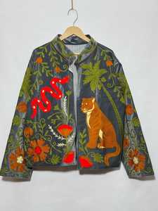 Bohemian Love Tropical Statement Tiger Snake Gray Suzani Floral Boho <b>Coat</b> Hand Embroidered Suzani <b>Velvet</b> Jacket Winter Cardigan - Product Image 1