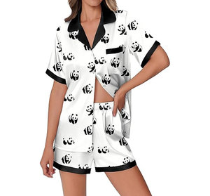 Ensemble de pyjama en satin pour femmes, manches courtes, imprimé panda, col rabattu, fermeture à boutons, vêtements de nuit d'été, vêtements décontractés - Product Image 4