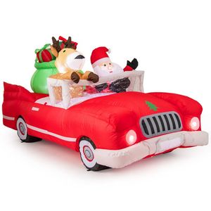Décorations de Noël gonflables d'extérieur de 7,7 pieds de long, Père Noël et rennes montés sur une voiture rouge avec 9 lumières LED blanches, sac cadeau - Product Image 1