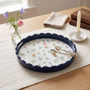 Floral Pattern Serving <b>Tray</b> With Handles Navy Blue Rim <b>White</b> Base For Residential Use Hot Selling Viettimecraft - Product Image 1