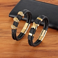 Bracelet en cuir véritable noir double couche pour jeune homme, motif crâne X, en acier inoxydable personnalisé, style streetwear, vente en gros
