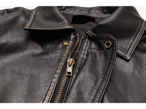 Unisex Spring <b>Retro</b> Eco-Friendly Streetwear Real Cowhide <b>Leather</b> Customizable <b>Jacket</b> Crew Neck Zipper Outerwear Windproof Loose - Product Image 4