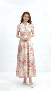 Robe midi à imprimé floral pour femmes avec manches bouffantes courtes Prix direct usine OEM ODM Vente en gros d'usine de vêtements - Product Image 3