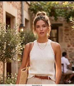 Débardeur en tricot blanc pour femme, style minimaliste, sans manches, en coton, couleur unie, Fasmic International - Product Image 1