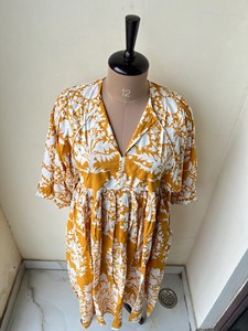 Women's Yellow Floral Block Print Puff Sleeve Midi <b>Dress</b> Tie-Neck <b>Loose</b> Fit Casual Summer <b>Dress</b> With Ruffle Hem - Product Image 1