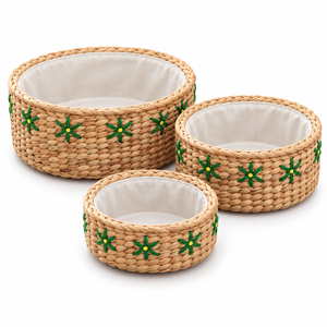Ensemble de 3 paniers de rangement ronds en jacinthe d'eau, écologiques, modernes, personnalisables, avec doublure en tissu et broderie florale verte, vente en gros - Product Image 5
