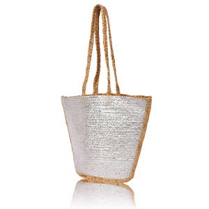 Wholesale 2026 Trendy Silver Printed Braided Jute <b>Handbag</b> Custom Logo Handmade Party Tote for Women Shopping Bag - Product Image 3