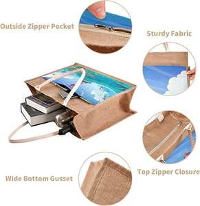 Sacs fourre-tout en toile de jute Paris Dog Tower avec poignées, sacs réutilisables en toile de jute avec fermeture éclair pour les rendez-vous et le travail - Product Image 3