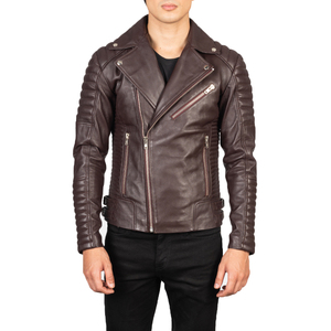 Blouson en cuir matelassé imperméable marron pour homme, coupe ample, fermeture éclair asymétrique, style motard, en cuir de vachette premium - Product Image 3