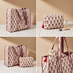Women's Floral Print Cotton Canvas Tote Bag Large Capacity Casual Shopping <b>Handbag</b> with Pink Checkered Trim - Product Image 3