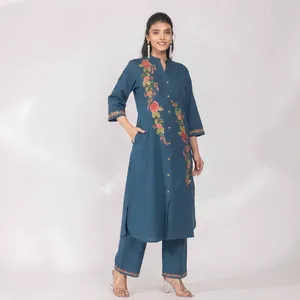Women's Teal Blue Embroidered Cotton <b>Linen</b> Kurta Pant <b>Set</b> Mandarin Collar Three Quarter Sleeve Straight Fit Ethnic Outfit - Product Image 3