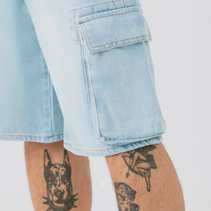 Custom <b>Men's</b> Raw VIRAL DENIM Baggy Jorts Distressed Hem Embroidered Washed <b>Jeans</b> <b>Men's</b> Shorts for Sale - Product Image 5