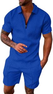 Ensemble polo et short pour homme, bleu uni, tricoté, manches courtes, séchage rapide, décontracté, pour l'été - Product Image 4