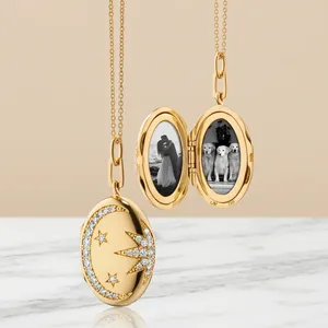 Silver Lab Grown Diamond Oval Locket Pendant Custom Family Photo <b>Memory</b> Pendant Necklace <b>Gift</b> - Product Image 1