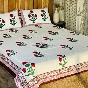 Juego de Sábanas con Estampado Artesanal Sanganeri de la India, Sábanas con Funda de Almohada - Product Image 4