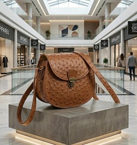 Bolso bandolera de cuero de avestruz marrón: Diseño vintage, forro de cuero, bolso de moda para llevar en mano o al hombro. - Product Image 2