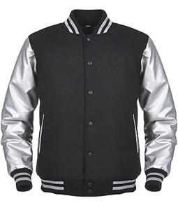 Wholesale Men's <b>Silver</b> Sleeve Cowhide Varsity <b>Jacket</b> Winter Wool Fabric Hooded Embroidery Decoration Letterman Style - Product Image 1