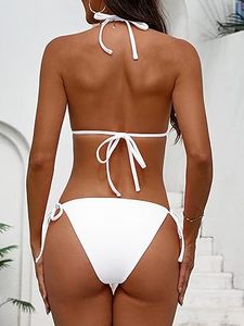 Sexy Women <b>White</b> <b>Bikini</b> <b>Set</b> Crossed Tie Side Swimwear Solid Color Stretch Spandex Custom Two Piece Beachwear - Product Image 6