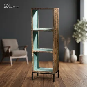 Étagère rustique en bois et fer à 3 cubes avec étagères ouvertes et finition vieillie pour le rangement dans le salon - Product Image 3