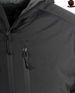 Veste d'hiver noire haut de gamme en softshell imperméable pour l'extérieur, fermeture intégrale sur le devant, deux poches verticales sur la poitrine, ajustable, pour la chasse - Product Image 5