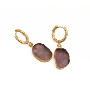 Natural Amethyst Rough Hoop Earrings - Gold Plated <b>Raw</b> <b>Crystal</b> Boho Dangle Handmade Statement Jewelry For Women's - Product Image 2