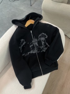 Streetwear Custom Logo Color Block Washed Distressed Vintage Acid Washed Embroidery Patchwork Patches Spider Hoodie 100% Cotton - Product Image 6