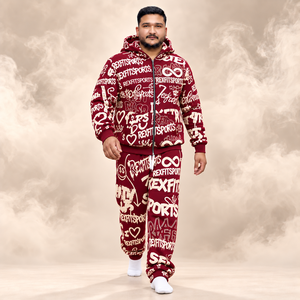 Conjunto Deportivo Unisex con Estampado Gráfico en Borgoña y Crema, Sudadera con Cremallera y Pantalones Jogger, Etiqueta Personalizada, Estampado Completo, Ropa Urbana al por Mayor - Product Image 2