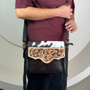 Best Seller Hand <b>Tooled</b> <b>Leather</b> Crossbody Fringe Bag for Women's Luxury Genuine <b>Leather</b> Designer Shoulder Bag Cowhide Handbags - Product Image 4