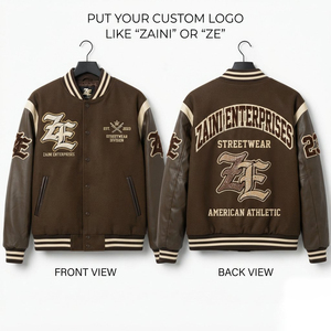 Chaqueta Varsity Premium de 450 GSM con Mezcla de Lana, Cuerpo Marrón, Mangas de Cuero Genuino, Ribete de Punto a Rayas, Logotipo Bordado Personalizado - Product Image 1
