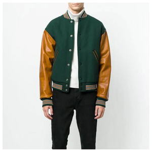 Veste varsity pour homme en vert et marron, manches en cuir PU, coupe classique, boutons sur le devant, col rabattu, vêtement décontracté pour l'automne - Product Image 1
