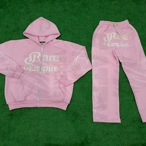 Winter Distressed Embroidered Casual Solid Hooded Sweat Suits Streetwear Flare Hoodie and Tracksuit <b>Set</b> 100% Cotton Lightweight - Product Image 1