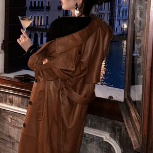 Women's Black And Brown PU <b>Leather</b> <b>Long</b> Trench <b>Coat</b> Turn-down Collar Double Breasted Belted Formal Autumn Jacket - Product Image 4