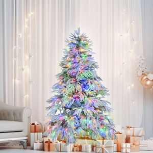 6FT Pre-Lit Spruce Snow-Flocked Christmas Tree Artificial Hinged Xmas Tree with 300 Multi-Color LED Lights and 8 Flashing Modes - Product Image 2