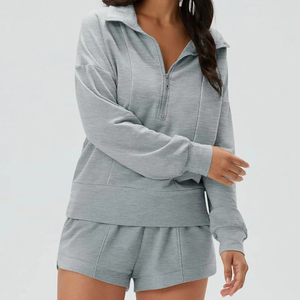 Conjunto Deportivo Casual de 2 Piezas para Mujer, Sudadera de Felpa de Algodón, Pantalones Cortos, Cierre de Media Cremallera, Cuello en V, Holgado, Suave, Color Sólido - Product Image 3