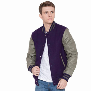 Veste de sport pour homme en violet avec manches en cuir PU gris, col rabattu, fermeture à boutons, couleur unie, vêtement décontracté pour l'automne - Product Image 2