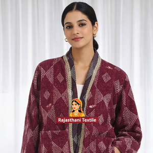 เสื้อแจ็คเก็ตสไตล์วินเทจลายกันตะแบบราชสถาน สำหรับฤดูใบไม้ร่วง ทำจากผ้าฝ้าย 100% สไตล์เรียบง่ายสำหรับผู้หญิง ปกแบบผ้าคลุมไหล่แบบกลับด้านได้ ประดับขนนก - Product Image 1