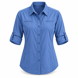 Chemise de randonnée pour femme à manches longues, personnalisable, avec manches retroussables et boutons sur le devant, bleue, vente en gros - Product Image 2