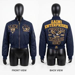 Blouson bomber court coupe-vent pour femme, en sergé de polyester premium 240 GSM, bleu marine, avec broderie personnalisée et patch chenille tissé - Product Image 1