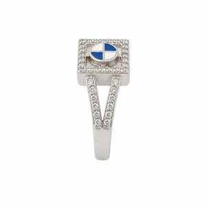 White Gold Enamel Diamond <b>Ring</b> Square Halo Bridal Band Blue and White Round Center Jewelry for Women - Product Image 3