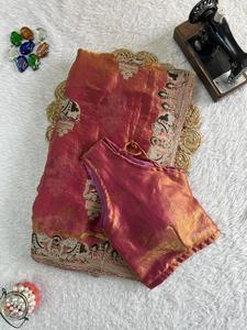 Sari de satén rosa de lujo con bordados Fendi, largo hasta el suelo, de diseñador, para bodas, fiestas de graduación, invierno, verano, ropa tradicional india étnica. - Product Image 4