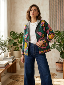 Bata Larga de Mujer con Cuello en V, Hecha a Mano, Bordada con Flores Azules, Reversible, 100% Algodón, 480g, Estilo Kimono con Cinturón, para Vacaciones - Product Image 5